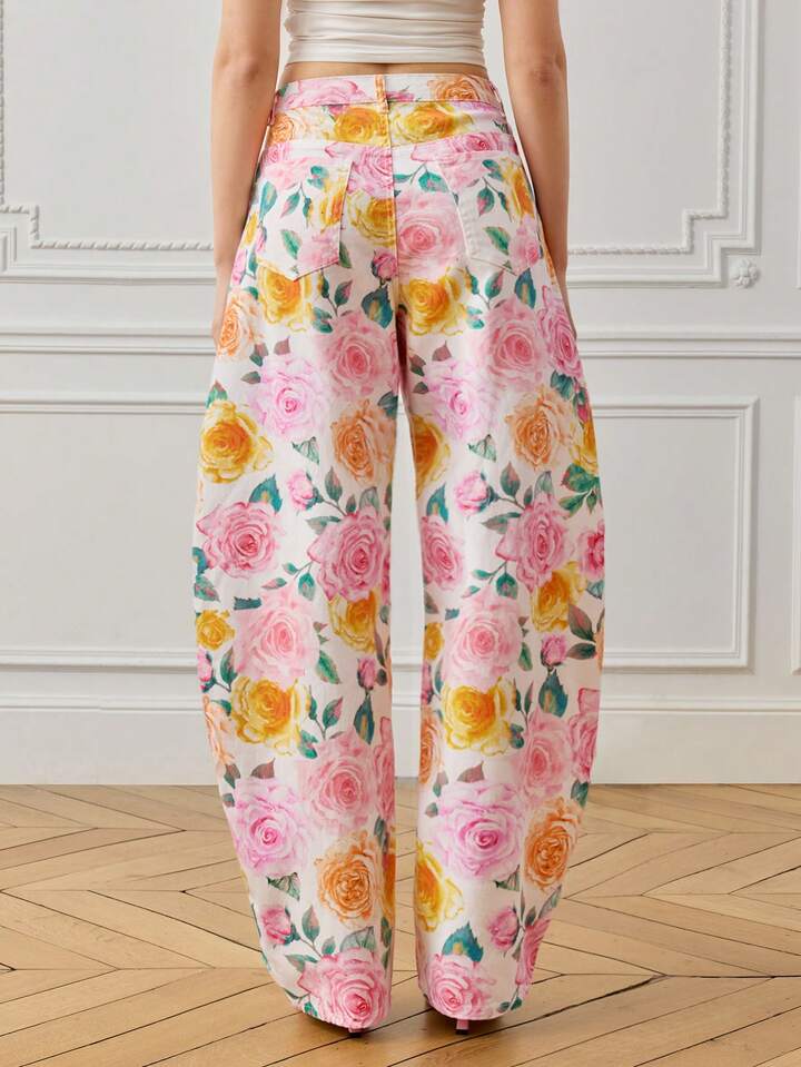 CM-BS143261 Women Casual Seoul Style Mid Waist Colorful Floral Print Baggy Flared Denim Pants - White