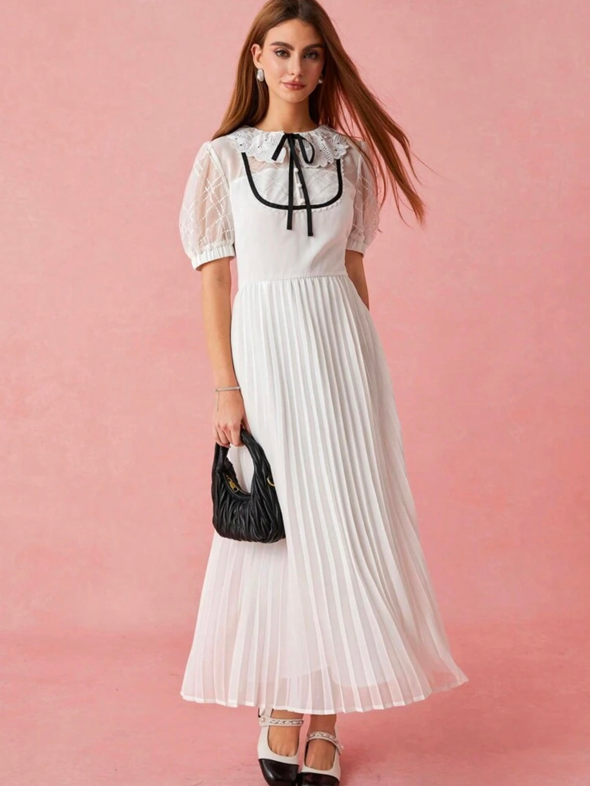 CM-DS192679 Women Elegant Seoul Style Tie Neck Bowknot Floral Lace Puff Sleeves Pleated Hem Long Dress - White