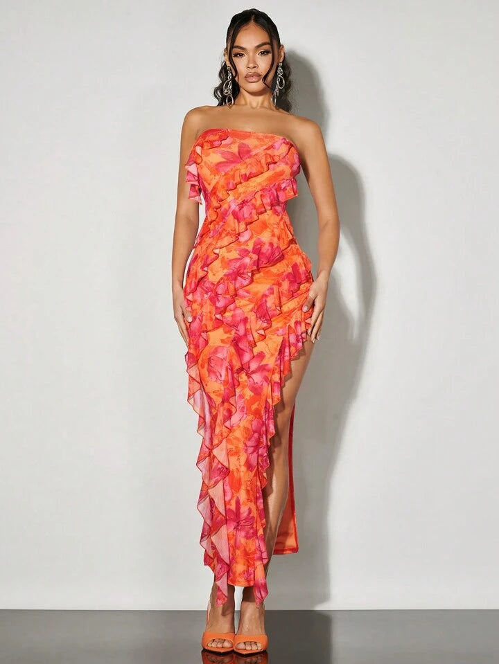 CM-DS890199 Women Casual Seoul Style Strapless Layered Floral Mermaid Long Dress