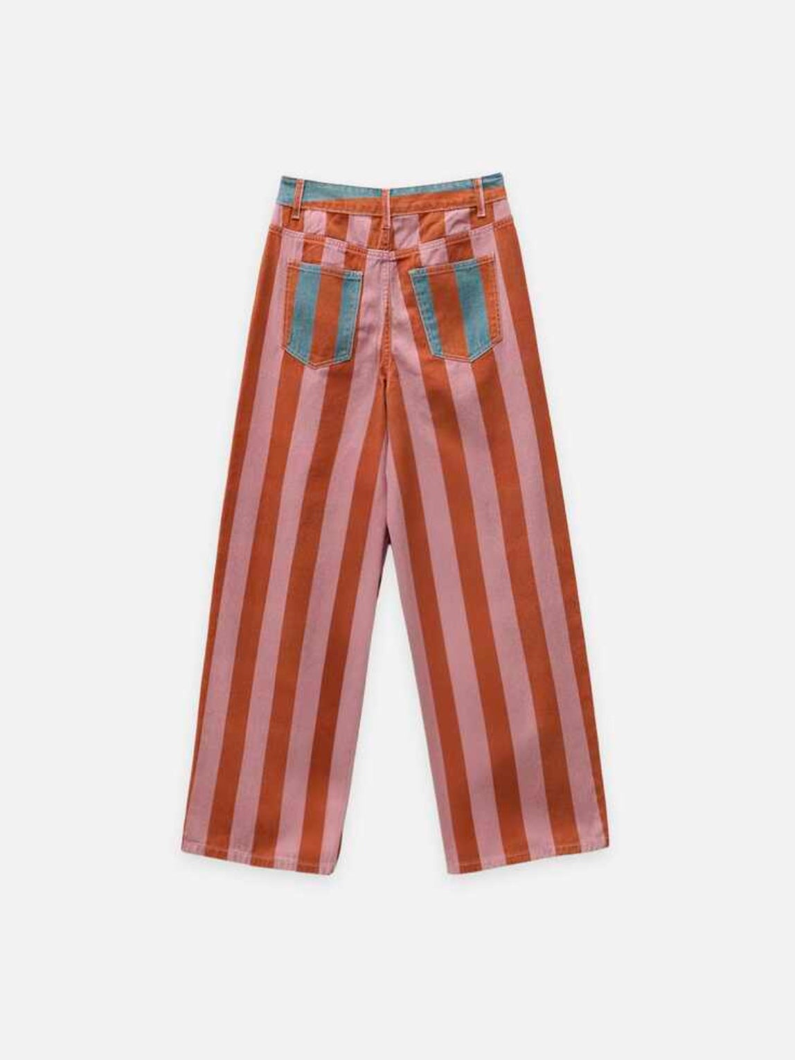 CM-BS998962 Women Elegant Seoul Style Mid Waist Front Patch Pockets Striped Wide Leg Denim Trousers