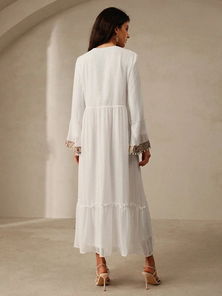 CM-DS694836 Women Trendy Bohemian Style Tie Neck Embroidered Beaded A-Line Dress - White