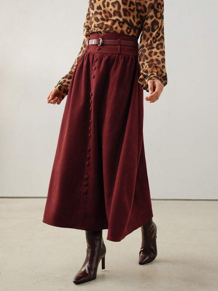 CM-BS566170 Women Elegant Seoul Style Suede Belted A-Line High Waist Maxi Skirt - Burgundy