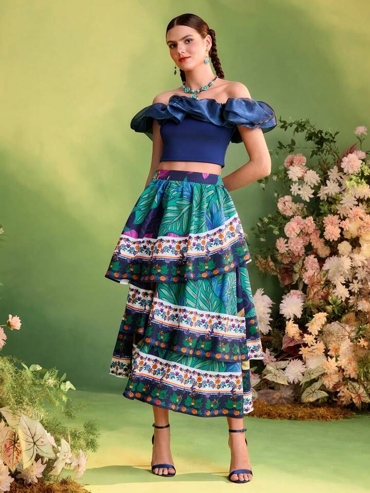 CM-BS132559 Women Elegant Seoul Style Tropical Printed High-Waist Ruffled Layered Midi Skirt
