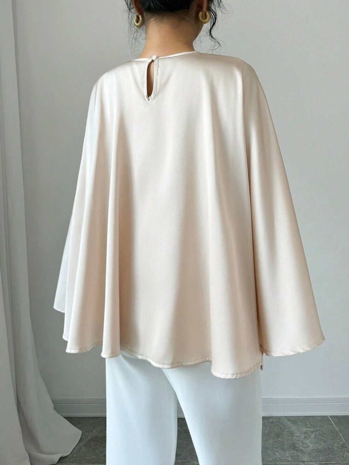 CM-TS517920 Women Casual Seoul Style Round Neck Elegant Cape Sleeve Long Sleeve Blouse - Apricot