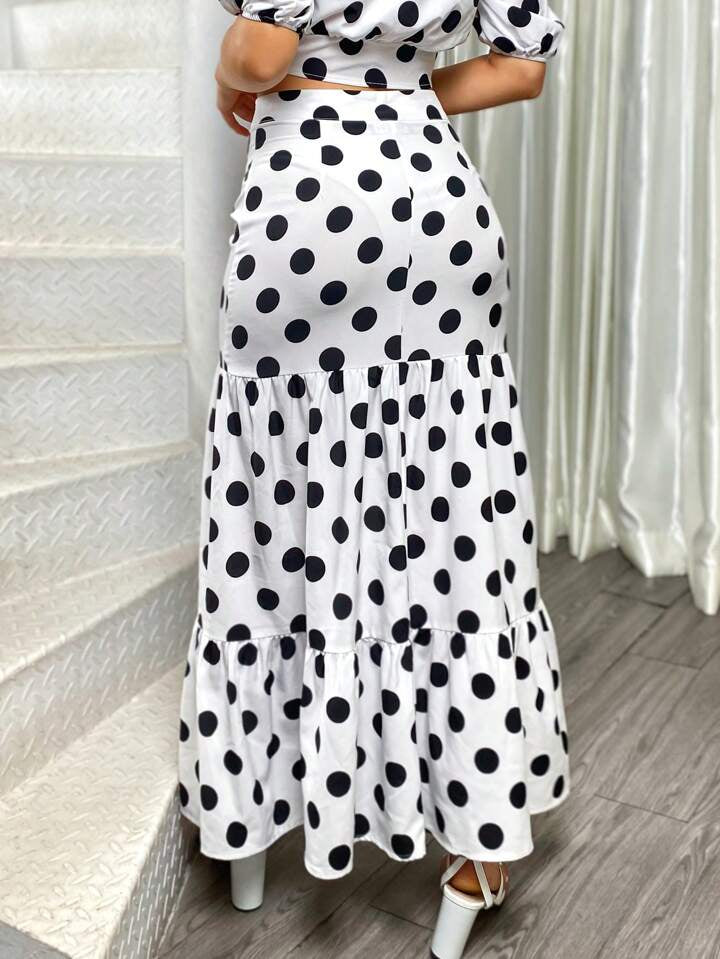 CM-BS798911 Women Casual Seoul Style Polka Dot Print Ruffled High Slit Long Skirt