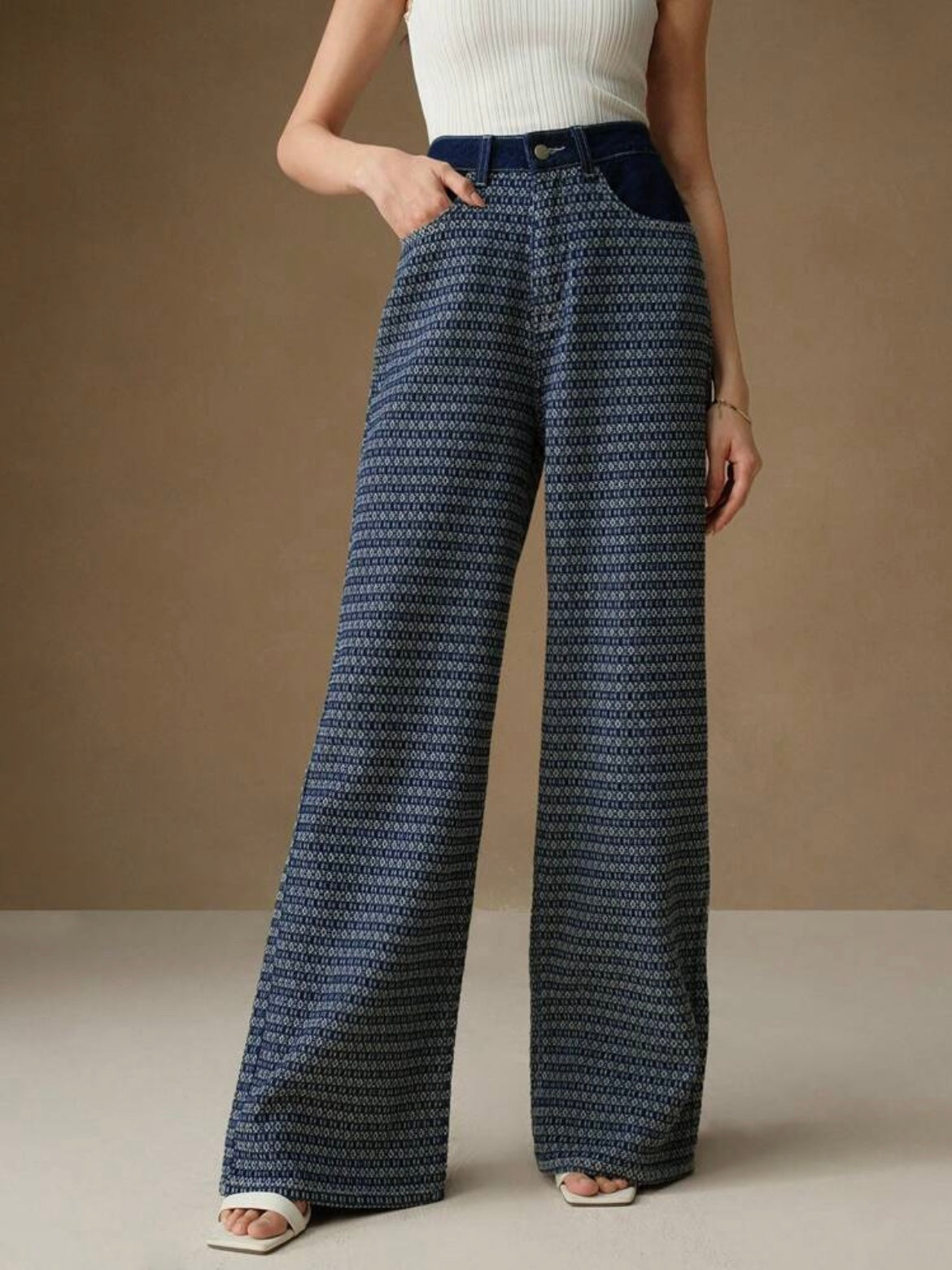 CM-BS572092 Women Casual Seoul Style Colorblock Jacquard Loose Wide-Leg Jeans - Dark Blue