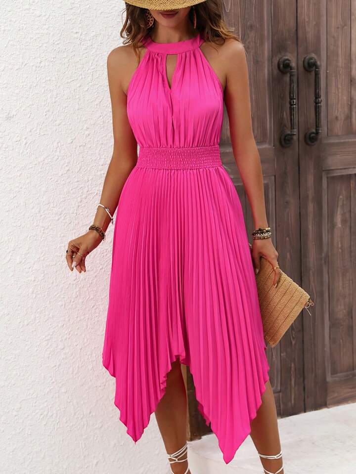 CM-DS507609 Women Casual Seoul Style Pleated Asymmetric Hem Halter Neck Midi Dress - Hot Pink