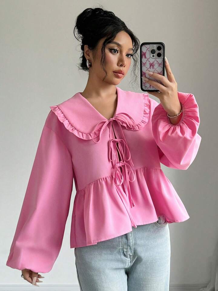 CM-TS126116 Women Trendy Bohemian Style Statement Collar Lantern Sleeve Knot Front Blouse