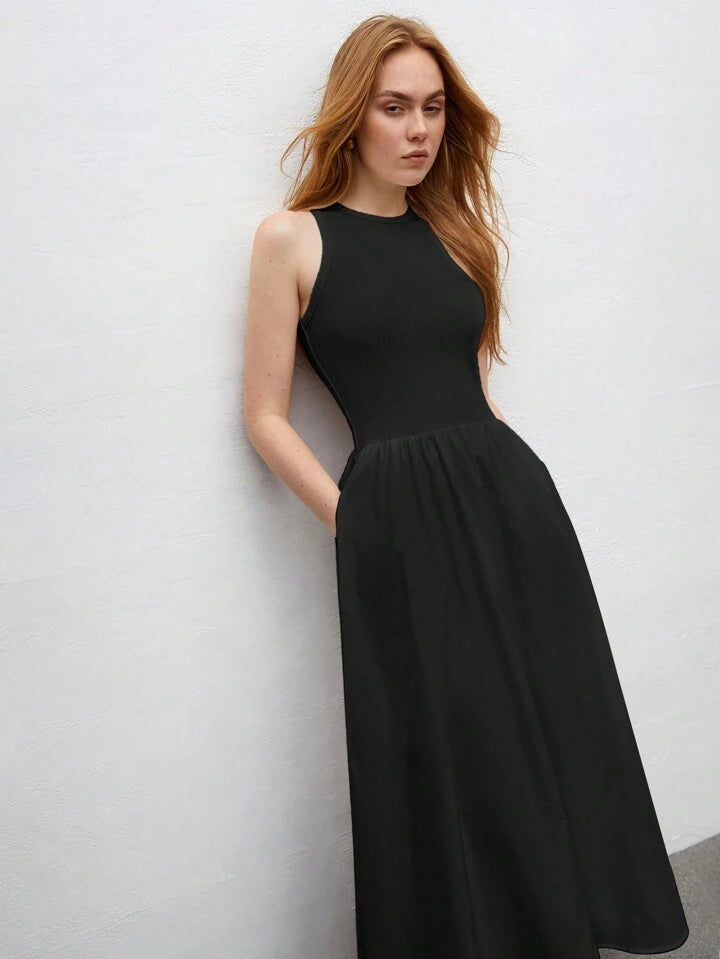 CM-DS644099 Women Trendy Bohemian Style Round Neck Sleeveless High Waist Slim Fit Dress - Black