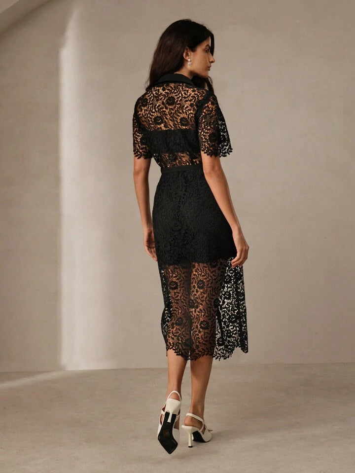 CM-DS140849 Women Elegant Seoul Style Lace Hollow Out Detail Short Sleeve Shirt Dress - Black