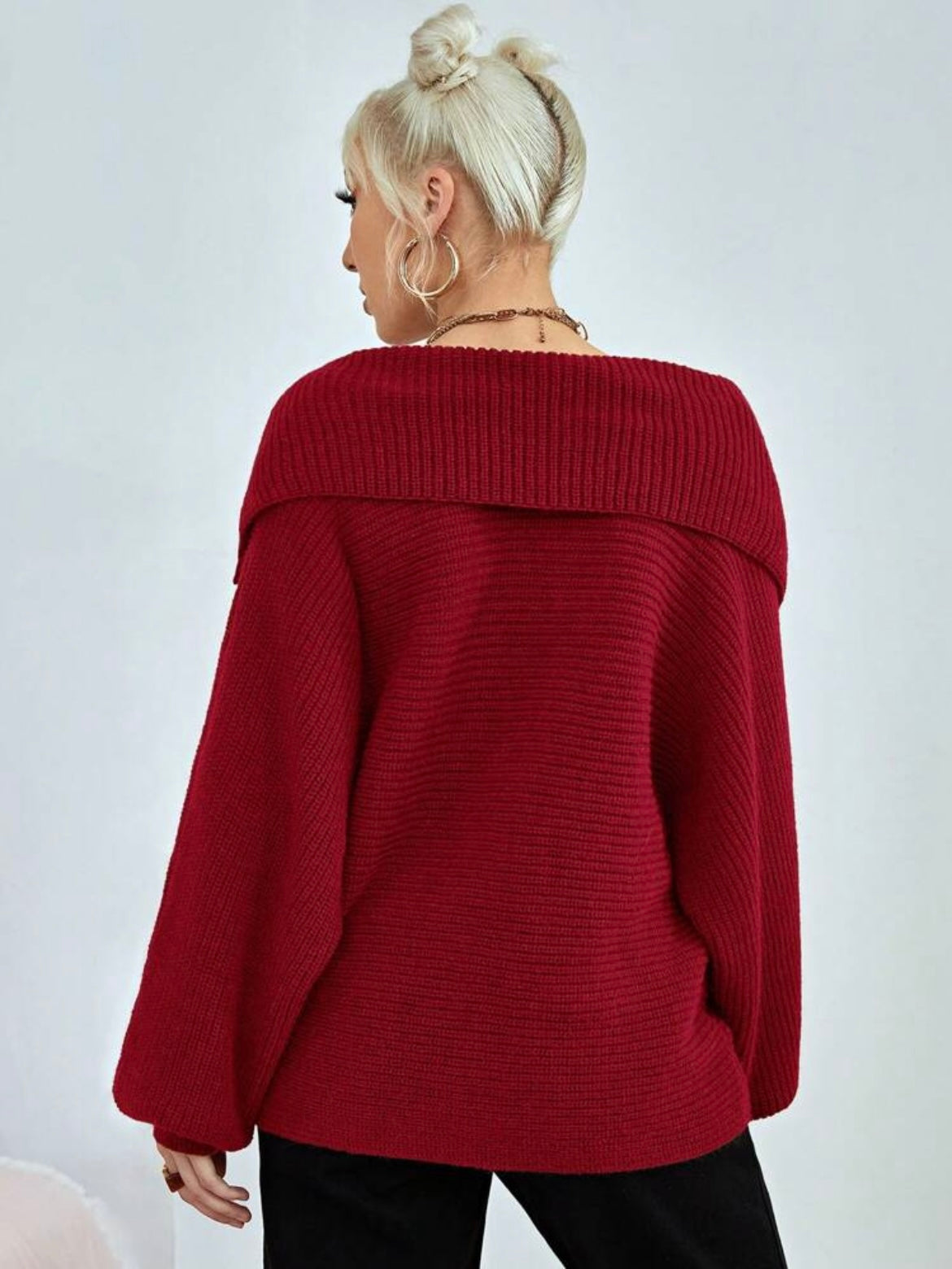 CM-CS285837 Women Casual Seoul Style Loose Fold Collared Bishop Sleeve Sweater - Red