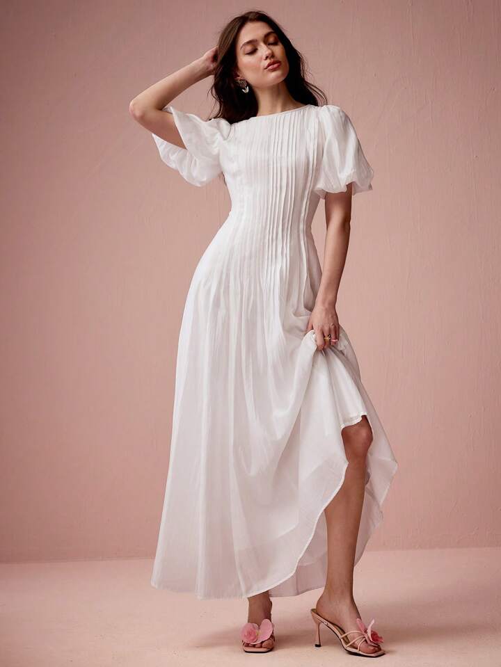 CM-DS127260 Women Elegant Seoul Style Round Neck Bubble Pleat Puff Long Sleeve Maxi Dress - White
