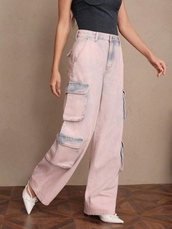 CM-BS445459 Women Casual Seoul Style Mid Waist Tie Dye Straight-Leg Cargo Jeans - Pink