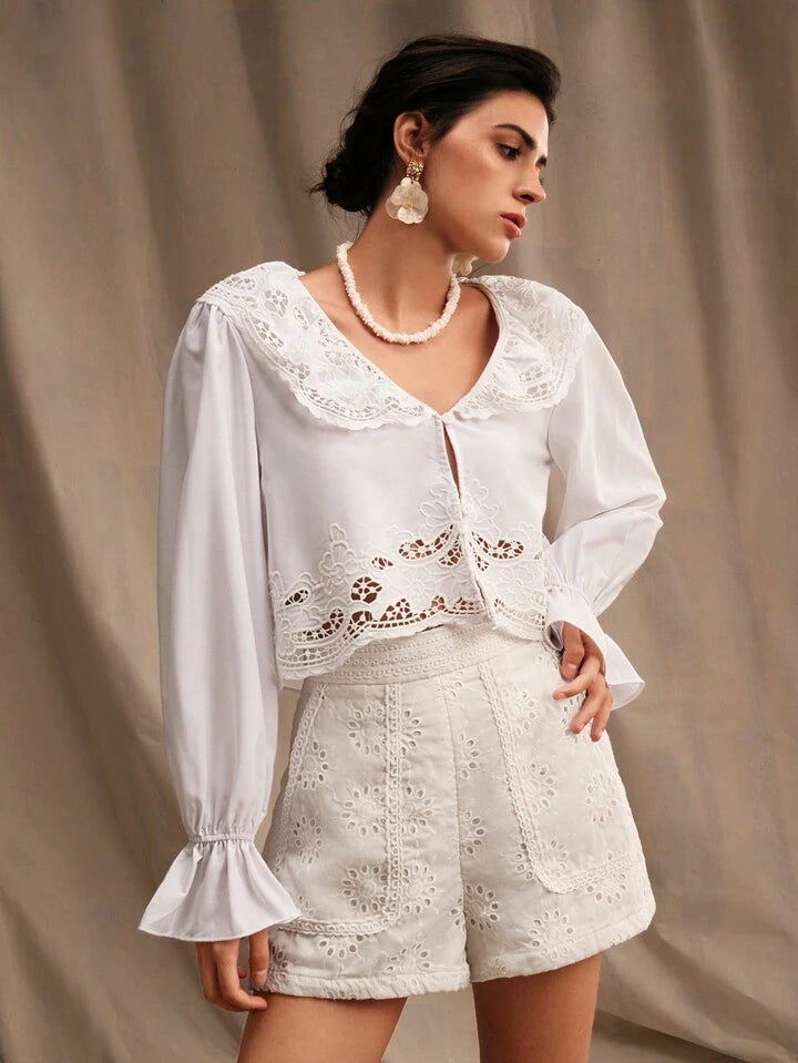 CM-TS637517 Women Trendy Bohemian Style Symmetrical Lace Detail Open-Front Shirt - White