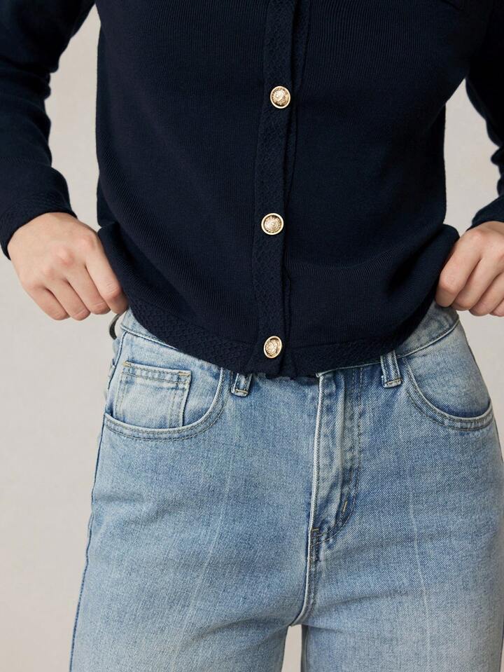 CM-CS353335 Women Casual Seoul Style Crew Neck Long Sleeve Cardigan Sweater - Navy Blue