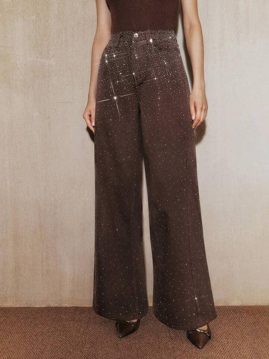 CM-BS242333 Women Elegant Seoul Style Mid Waist Baggy Flared Leg Pants - Brown