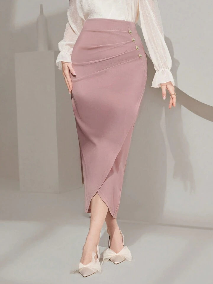 CM-BS328857 Women Elegant Seoul Style Wrap Ruched Asymmetrical Long Skirt - Pink