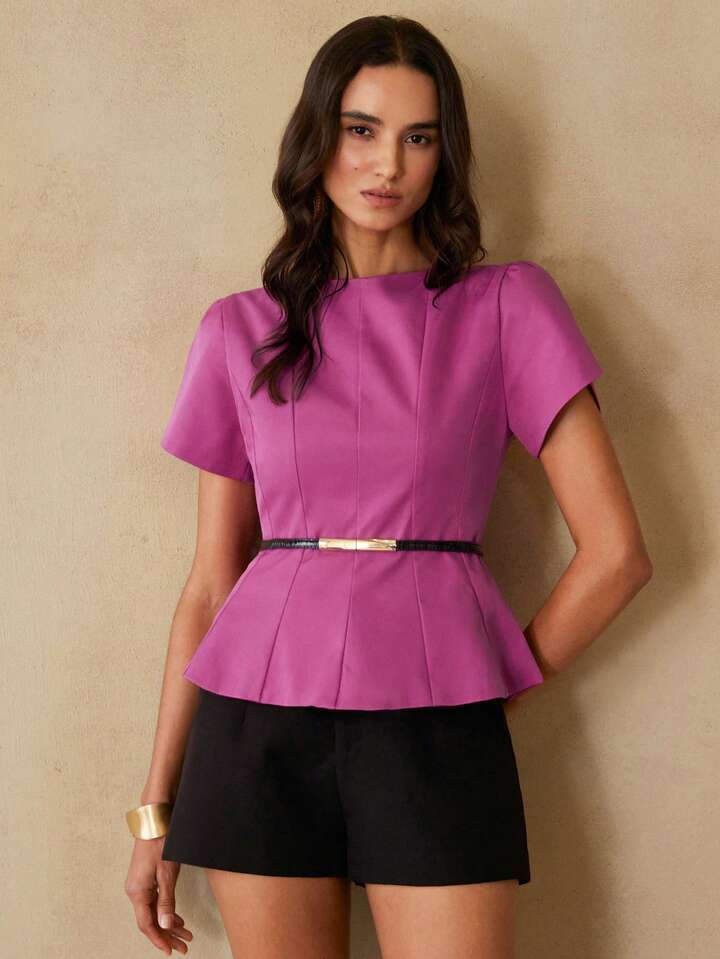 CM-TS315124 Women Elegant Seoul Style Round Neck Short Sleeve Cinched Waist Top - Hot Pink