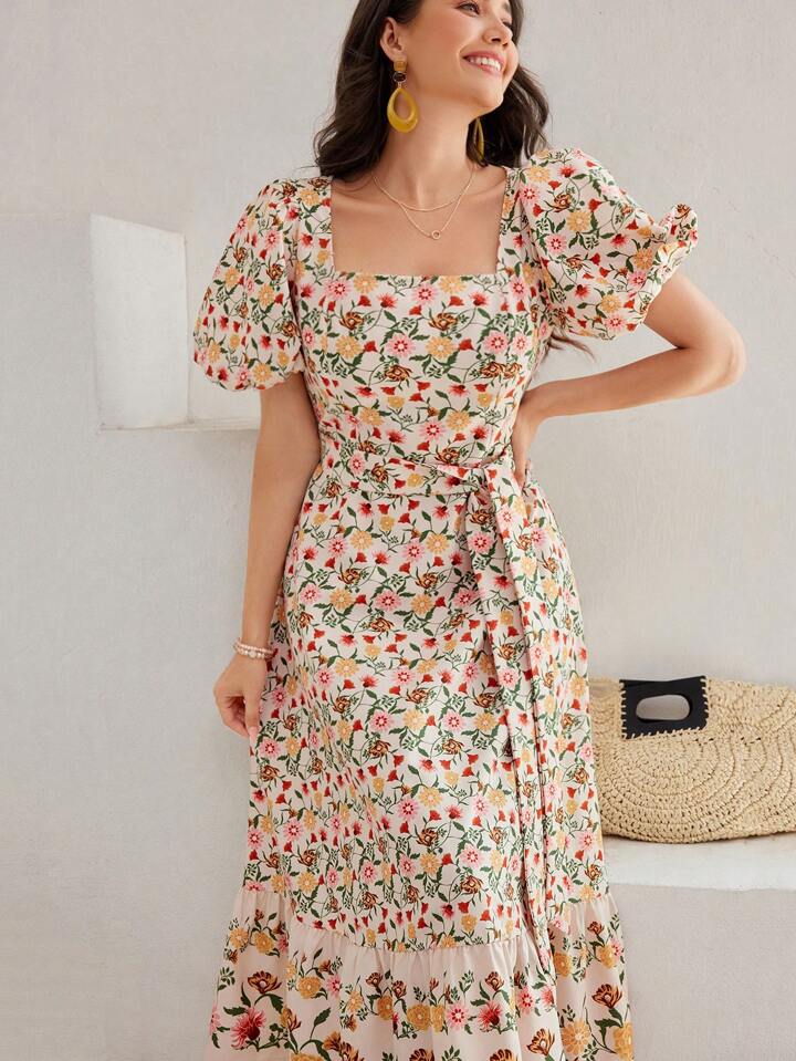 CM-DS701592 Women Trendy Bohemian Style Floral Print Square Neck Puff Sleeve Dress