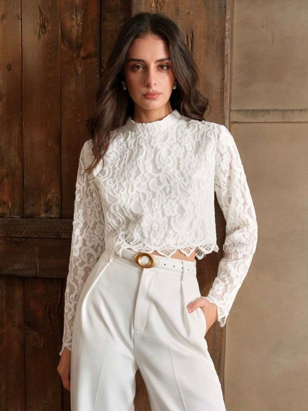 CM-TS170821 Women Elegant Seoul Style Lace Stand Collar Long Sleeve High Waist Chic Top - White