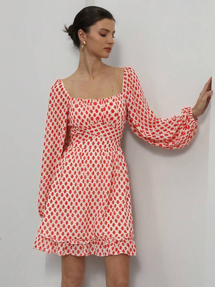 CM-DS515289 Women Elegant Seoul Style Square Neck Geometric Print Long Sleeve Peplum Hem Midi Dress