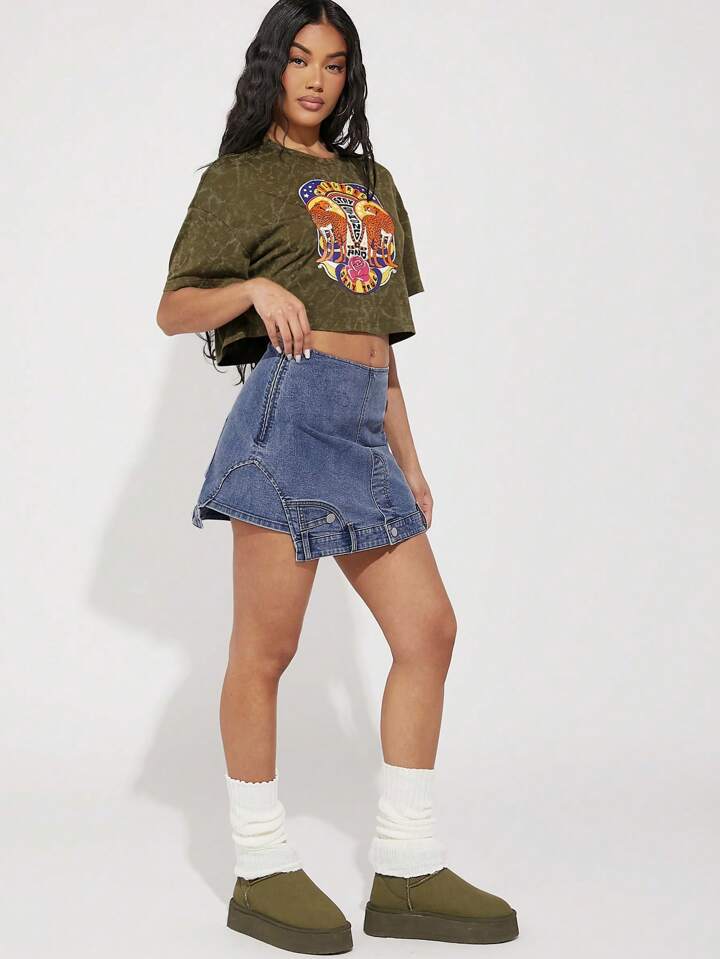 CM-BS883357 Women Casual Seoul Style Light Wash Deconstructed Skinny Denim Skorts