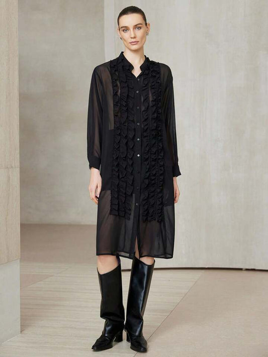 CM-TS498068 Women Casual Seoul Style Chiffon Sheer Ruffle Hem Design Multi-Layer Flowing Long Sleeve Blouse