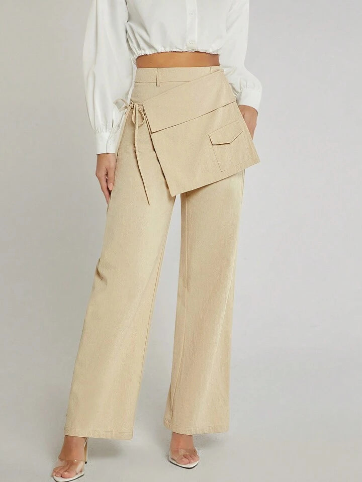 CM-BS441294 Women Elegant Seoul Style Pocket Wrap Overlay Wide Leg Pants - Apricot