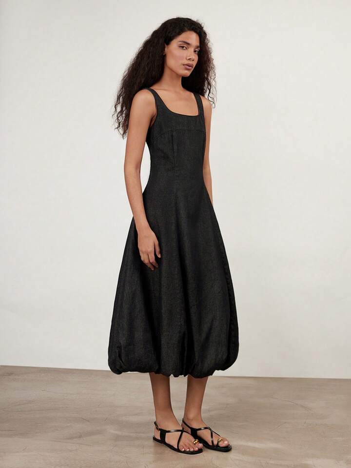 CM-DS652975 Women Casual Seoul Style Square Neck Sleeveless Petal Denim Dress - Black