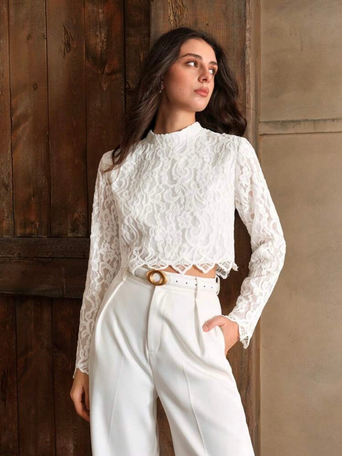 CM-TS170821 Women Elegant Seoul Style Lace Stand Collar Long Sleeve High Waist Chic Top - White