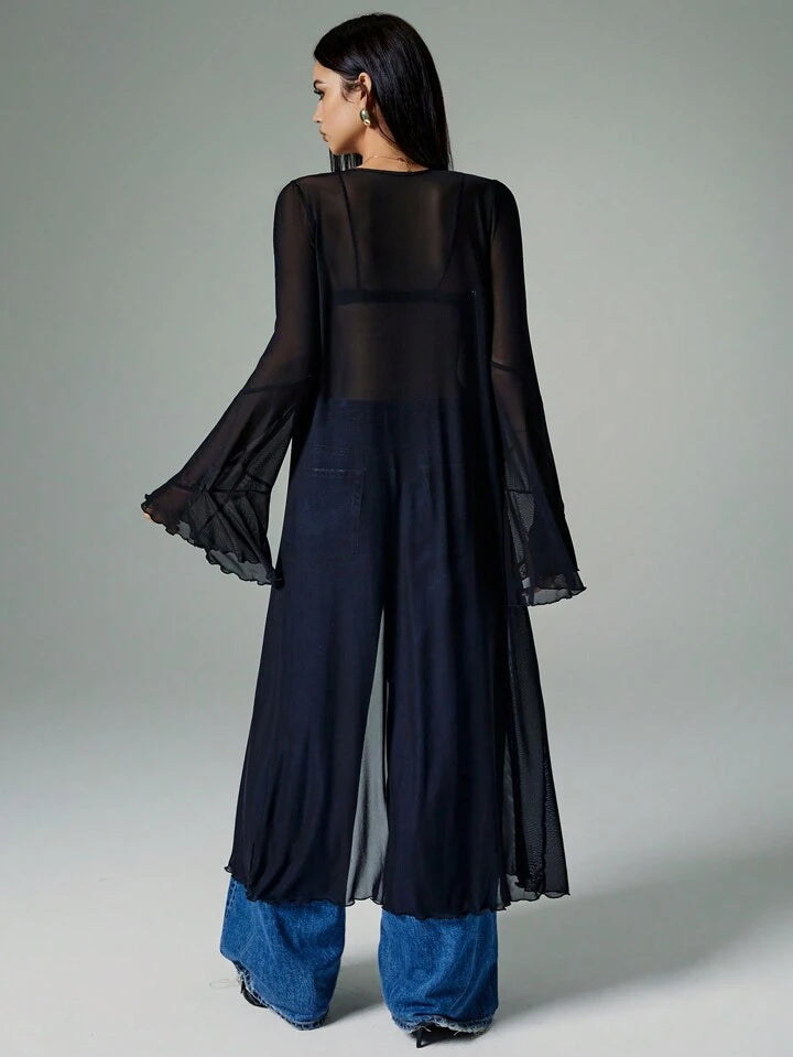 CM-TS810238 Women Casual Seoul Style Solid Color Ruffle Mesh Flare Sleeve Front Tie Long Shirt - Black