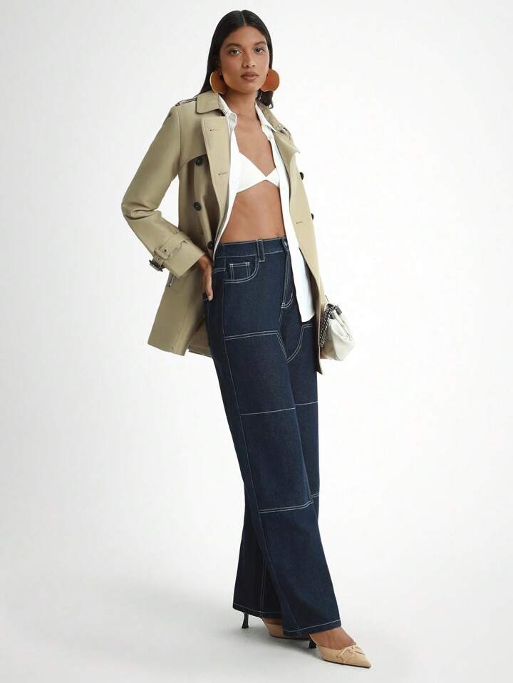 CM-BS236389 Women Casual Seoul Style Dark Wash High Waist Button Fly Extra Long Wide Leg Jeans