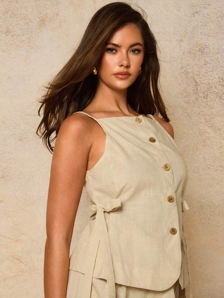 CM-SS765202 Women Casual Seoul Style Solid Color Wooden Button Camisole With Trousers Lounge - Sets