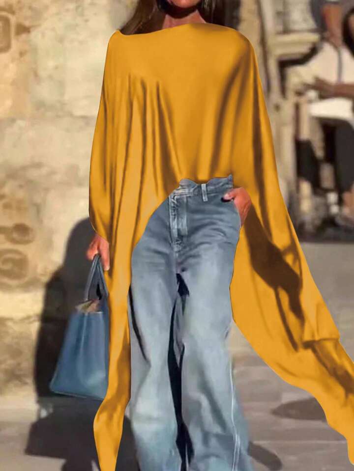 CM-TS448428 Women Casual Seoul Style Round Neck Batwing Sleeve Asymmetrical Long Shirt - Yellow