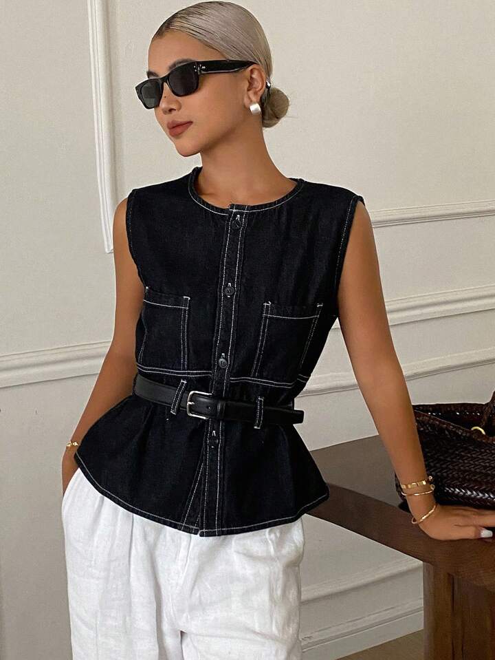 CM-TS170021 Women Casual Seoul Style Round Neck Sleeveless Belted Denim Blouse - Blue