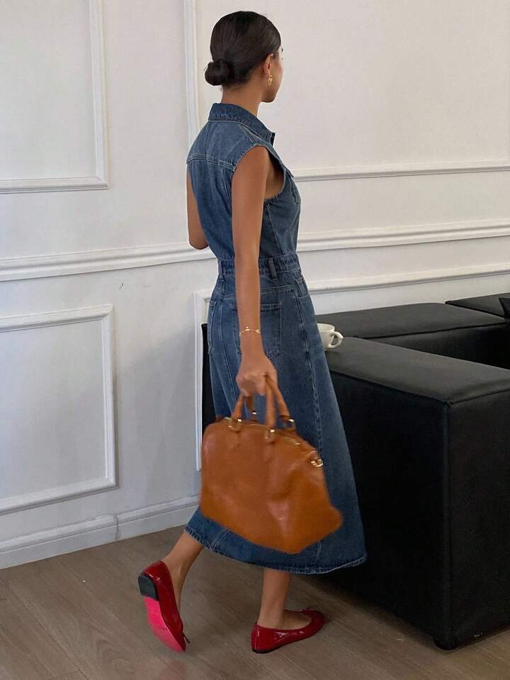 CM-DS949833 Women Casual Seoul Style Collar Neckline Sleeveless High Waist Denim Dress - Blue