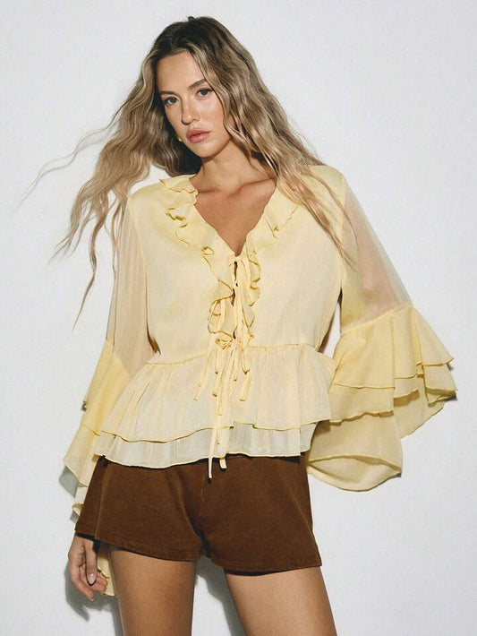 CM-TS635642 Women Elegant Seoul Style V-Neck Long Sleeve Ruffle Stitching Details Low Waist Shirt