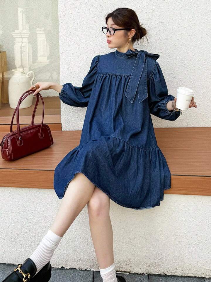 CM-DS154165 Women Elegant Seoul Style Medium Wash Bow Tie Lantern Sleeve Oversized Babydoll Denim Dress