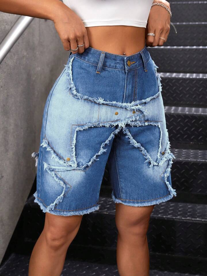 CM-BS458556 Women Casual Seoul Style Medium Wash Patchwork Frayed Hem Bermuda Denim Shorts