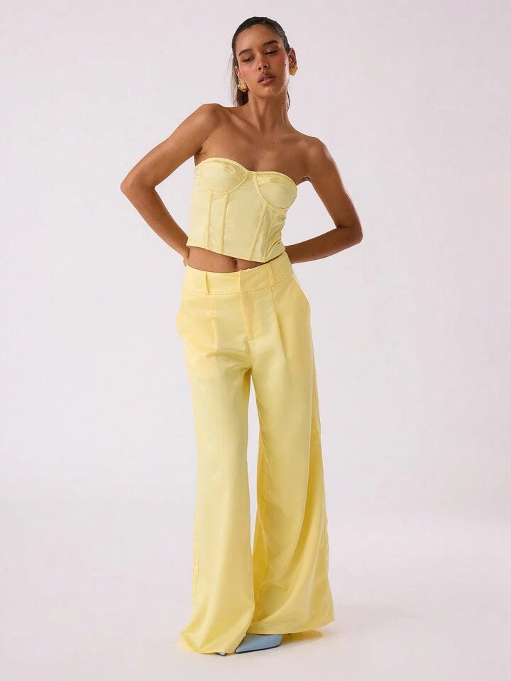 CM-BS543334 Women Casual Seoul Style Satin Wide Leg Pleat Front Trouser - Yellow