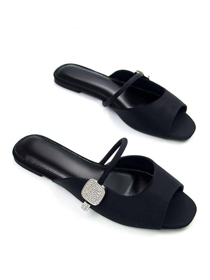CM-SHS625557 Women Trendy Seoul Style Silver Crystal Embellished Ankle Strap Open Toe Flat Mule Sandals - Black
