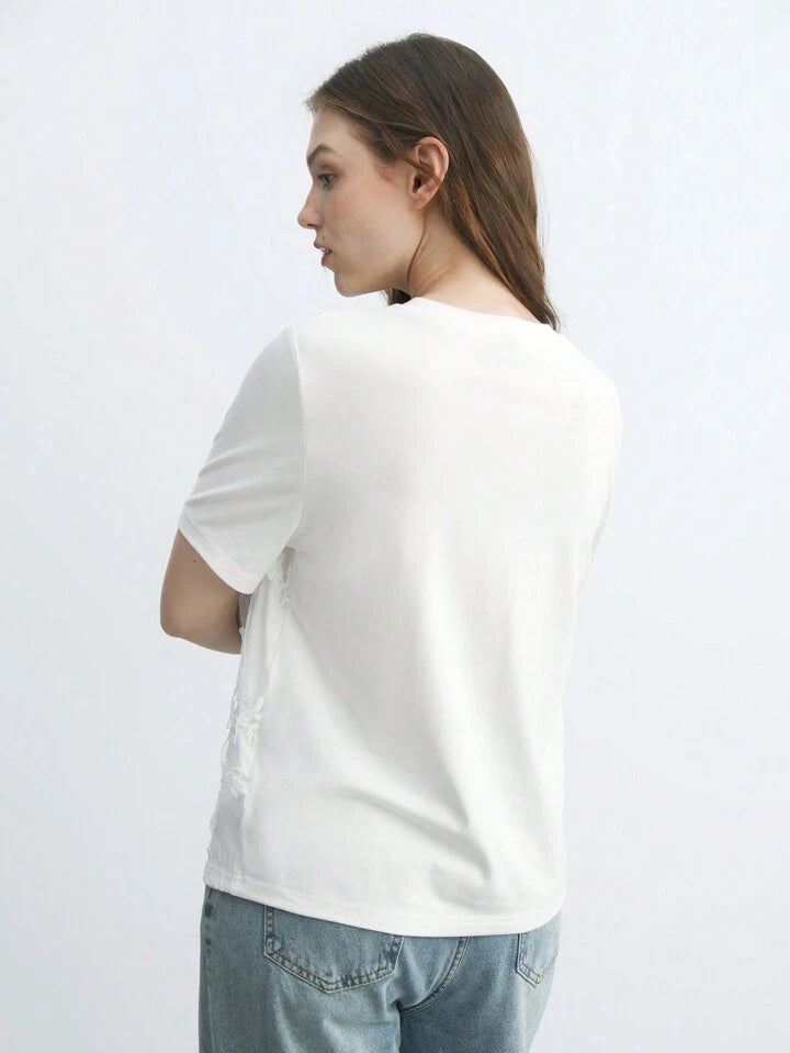 CM-TS222332 Women Casual Seoul Style 3D Floral Embroidery Round Neck Short Sleeve T-Shirt