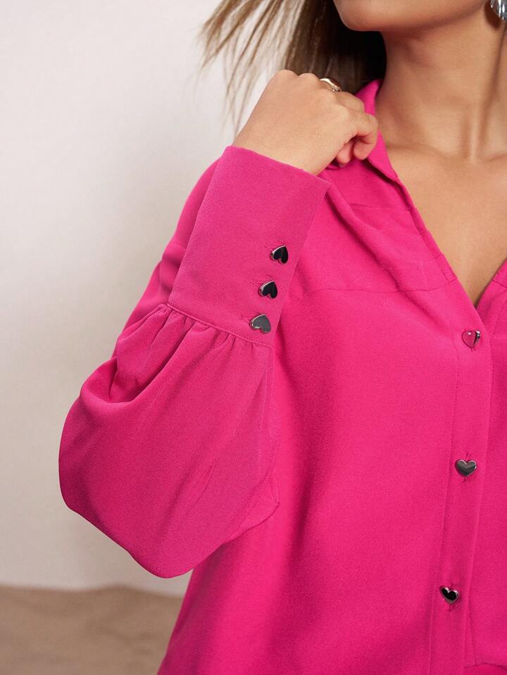CM-TS560262 Women Casual Seoul Style Loose-Fitting Dropped Shoulder Long Sleeve Shirt - Hot Pink