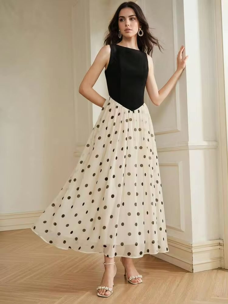 CM-DS474780 Women Elegant Seoul Style Boat Neck Sleeveless Polka Dot Print Patchwork Long Dress