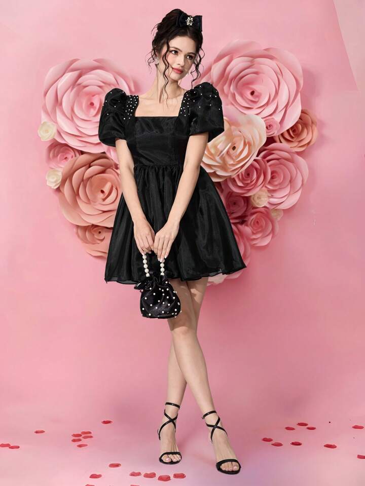 CM-DS577797 Women Elegant Seoul Style Square Neck Puff Sleeve High Waist Short Dress - Black