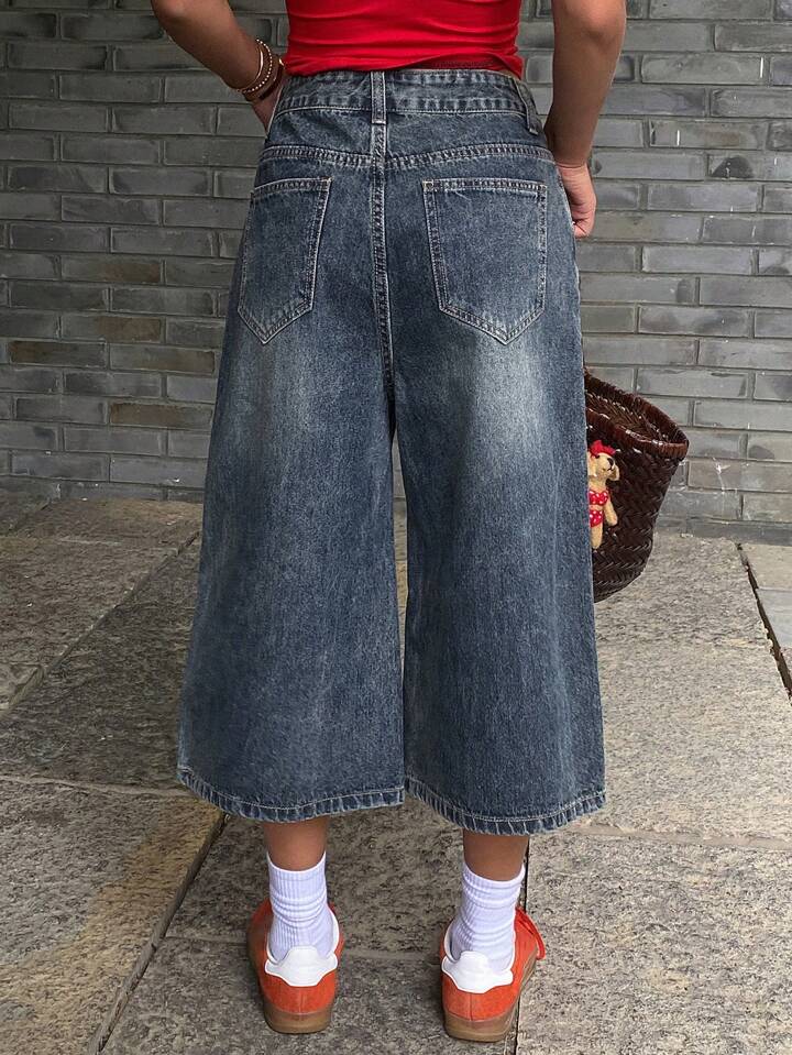 CM-BS665377 Women Casual Seoul Style Distressed Patch Pocket Wide Leg Jeans - Blue
