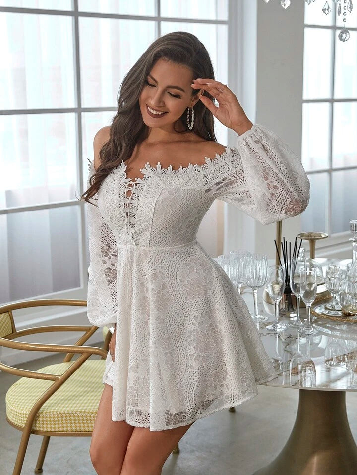 CM-DS259878 Women Elegant Seoul Style Off Shoulder Lace Up Front Lantern Sleeve Lace Dress - White