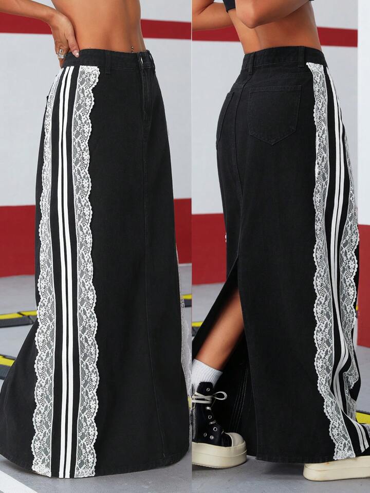 CM-BS851755 Women Casual Seoul Style Ribbon Trim Frayed Raw Hem Slit Washed Denim Mid Skirt - Black