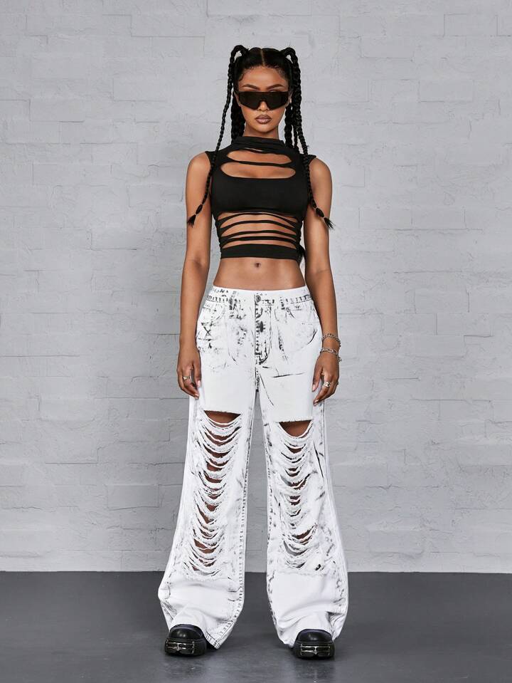 CM-BS860642 Women Casual Seoul Style Digital Printed Distressed Washed Denim Jeans - White