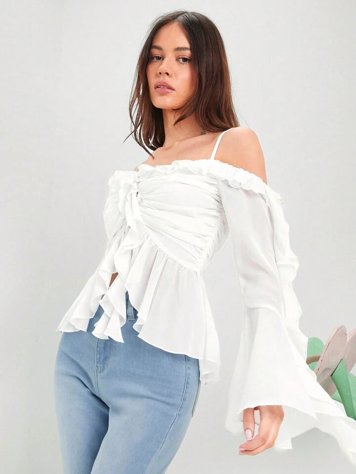 CM-TS063968 Women Trendy Bohemian Style Off-Shoulder Ruffle Hemline Pleats Shirts - White